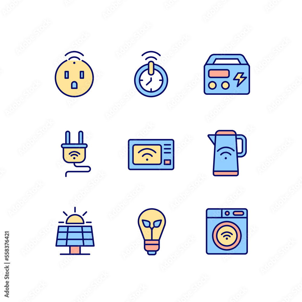 Poster efficient energy consumption pixel perfect rgb color icons set. smart devices for home. internet of 