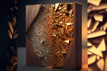 Abstract background in brown and gold colors. Wood is combined with precious stones, opal, gold, metal. Gen Art
