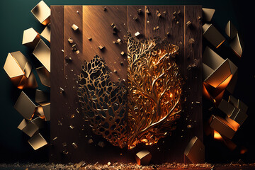 Wood is combined with precious stones, opal, gold, metal. Abstract background in brown and gold colors. Gen Art	
