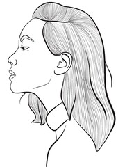 Illustration d’un portait d’une jeune femme asiatique vu de profil, ces cheveux mi-courts sont d’avantage plus détaillée. Dessin simple trait noir. Image lier à la femme, icône de marque de luxe © Julie