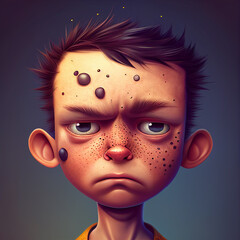 Cartoon boy with pimples or traces of smallpox..