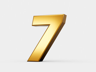 Golden metallic Number 7 Seven, White background 3d illustration