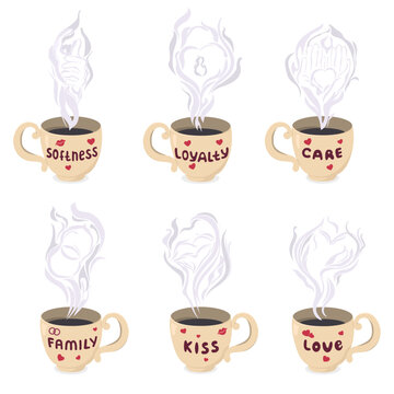 Vector illustration of cups with inscriptions and steam. Image of cups on the theme of love