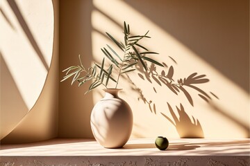 Fototapeta Modern summer still life photo, Beige ball shaped vase with green olive tree branch in sunlight with long shadows, ai generated obraz