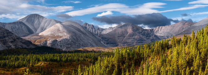 Panorama of a mountain landscape in northern British Columbia, Canada