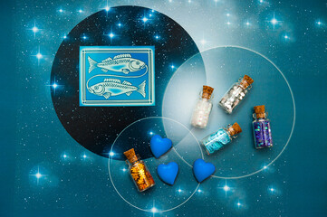 zodiac sign Pisces with magic bottles and hearts and with stars like romantic astrology and love...