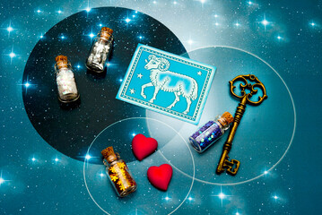zodiac sign Aries  with magic bottles and hearts and with stars like romantic astrology and love...