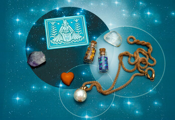 zodiac sign Virgo with magic bottles and hearts and with stars like romantic astrology and love and...