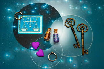 zodiac sign Libra  with magic bottles and hearts and with stars like romantic astrology and love and Valentine concept 
