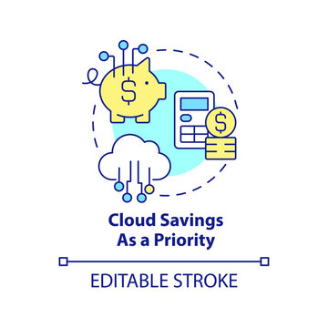 Cloud savings as priority concept icon. Cutting out costs. Storage computing trends abstract idea thin line illustration. Isolated outline drawing. Editable stroke. Arial, Myriad Pro-Bold fonts used