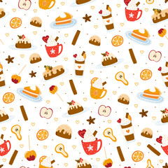 Cozy autumn or winter pattern with pastry and hot drinks on white background