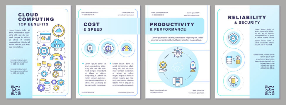 Cloud computing trends benefits light blue brochure template. Leaflet design with linear icons. Editable 4 vector layouts for presentation, annual reports. Arial, Myriad Pro-Regular fonts used