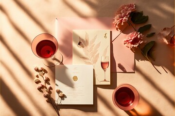 ai generated, Wedding stationery still life, cocktail glass, long shadows, Blush pink, crimson envelopes