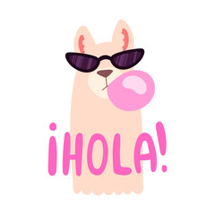 Cool cartoon style llama in sunglasses inflates a bubble of pink gum with hola sign © Маргарита Вайс