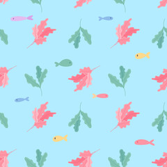 Fototapeta na wymiar Hand drawn Seamless pattern with fishes and seaweed. Vector image for kids digital textile fabric paper