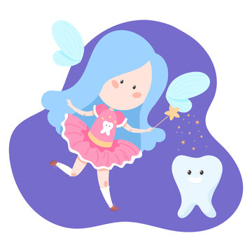 Vector image of a cute cartoon style tooth fairy with a magic wand and a tooth