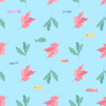Hand drawn Seamless pattern with fishes and seaweed. Vector image for kids digital textile fabric paper