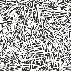 Abstract seamless pattern of calligraphic ornaments, grunge text print