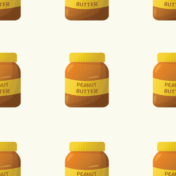 Seamless pattern with peanut butter jar on light background. Flat style