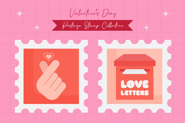 Valentines day postage stamp element collection in flat design