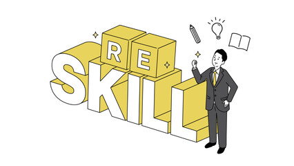 リスキリングのイメージイラスト、中高年の男性と文字、ベクター