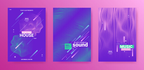 Edm Abstract Dj Flyer. Electro Sound Poster. Techno Dance Cover. Vector 3d Background. Minimal Dj Flyer Set. Geometric Festival Illustration. Gradient Distort Waves. Psychedelic Abstract Dj Flyer.