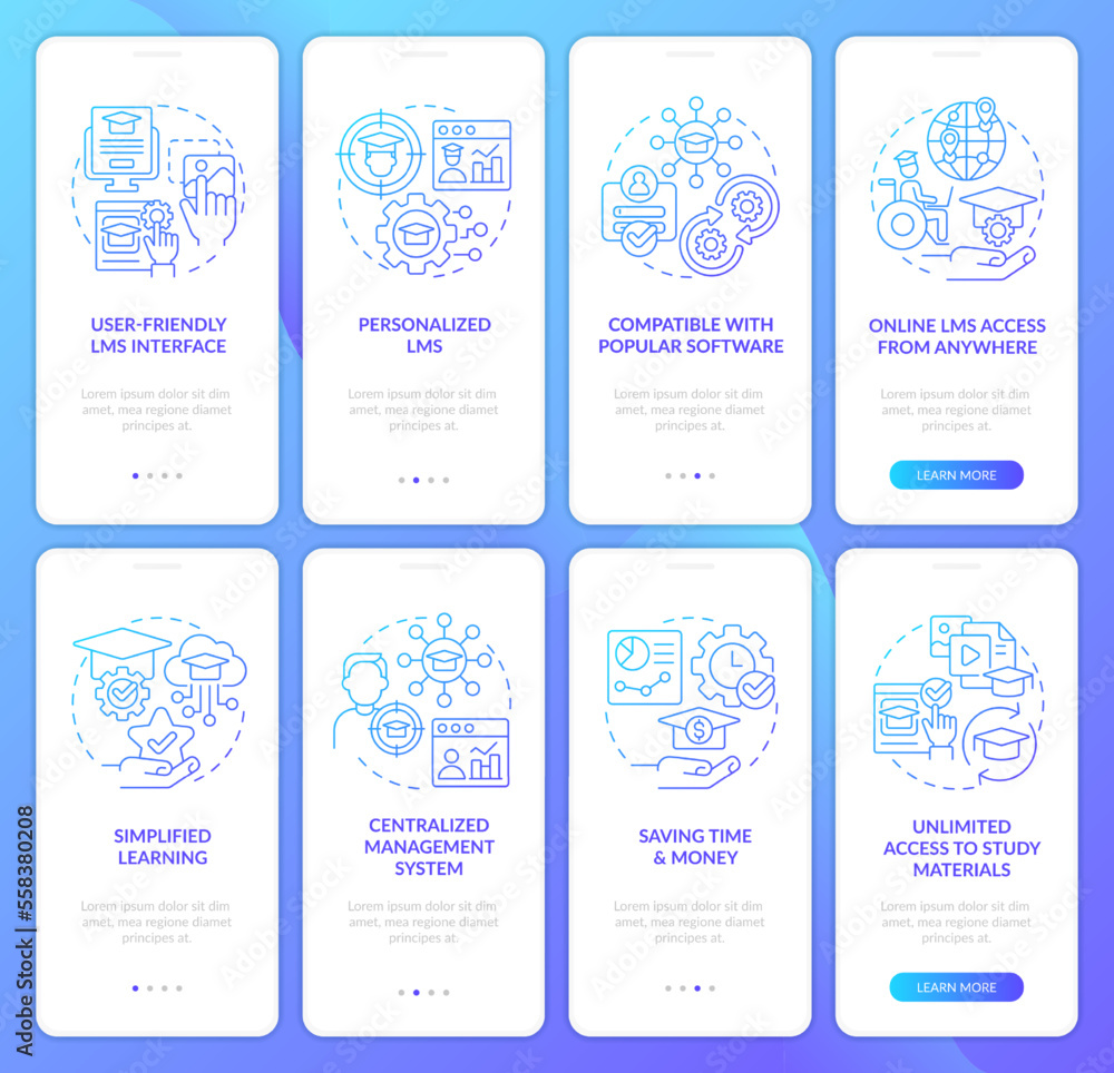Aufkleber Learning management system blue gradient onboarding mobile app screen. Walkthrough 4 steps graphic instructions with linear concepts. UI, UX, GUI template. Myriad Pro-Bold, Regular fonts used