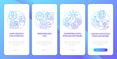 Learning management system features blue gradient onboarding mobile app screen. Walkthrough 4 steps graphic instructions with linear concepts. UI, UX, GUI template. Myriad Pro-Bold, Regular fonts used
