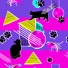 Abstract seamless pattern of cat. Pop art background. Colorful animal pattern with geometric shapes. Packaging template, prints, textiles, clothing and wallpapers.
