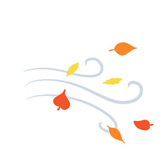 Autumn Wind. Stream of air with red and yellow leaves. Blue wavy line. Breeze and weather icon. Leaf fall. Flat illustration
