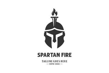 Vintage Greek Sparta Spartan Warrior with Burn Torch Fire Flame Crest Logo Design