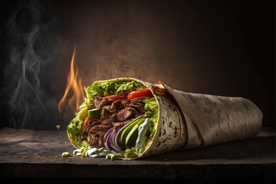 Turkish doner kebab on golden toasted pita bread isolated on black background,space for text
