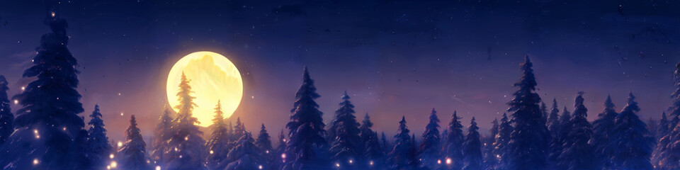 Landscape of winter wonderland, snow covered trees, moon on background, panoramic view, dreamy night