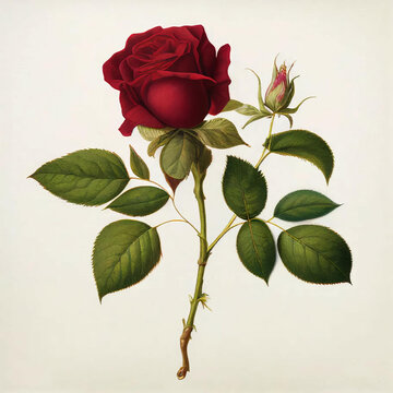 Vintage botanical style illustration of a red rose, flora, flower, cream paper texture, scientific diagram, generative ai
