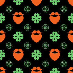 Seamless vector pattern with clover leaves, beards and mustaches. The St. Patrick's Day holidays backdrop. Colorful elements and outlines on the black. Background for decoration, packaging, and web.
