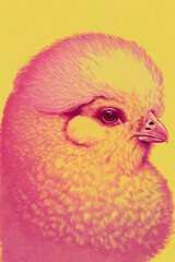 Easter chick, risograph, print, texture, pink and yellow, beak, generative ai