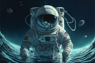 Astronaut in the ocean, walking out of the ocean, planets, space, sky, generative ai