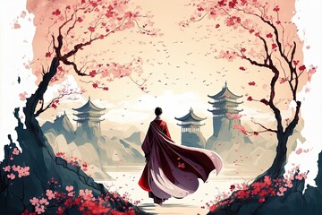 illustration of handsome prince in traditional Asian clothes with ancient castle background in spring time