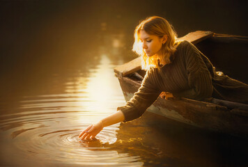  A beautiful blonde woman sits in an old fishing boat and touches the surface of the river water...