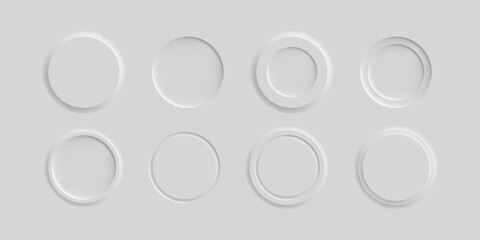 Neumorphic round button vector set. Neumorphism style modern interface element, minimalistic neomorphism buttons illustration.
