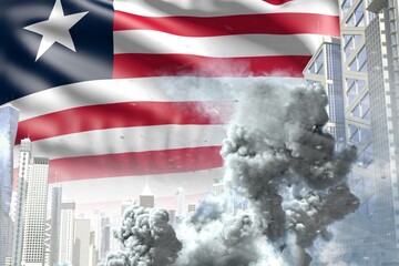 large smoke pillar in the modern city - concept of industrial blast or terroristic act on Liberia flag background, industrial 3D illustration