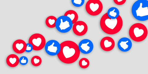 Like and love vector circle icons background. Live stream video heart, thumb up. Social media vector illustration, like and love icon backdrop. EPS 10