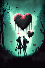 Valentine's Day concept. A couple in the forest. Hearts balloons. Generated AI image