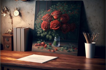 Flowers, red roses with love letter on the table, valentine's day. AI