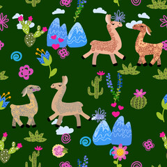 Llama, alpaca, cactuses and leaves seamless pattern, background
