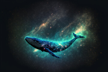 Obraz na płótnie Canvas Conceptual illustration of a whale in space with stardust. Generative Ai.