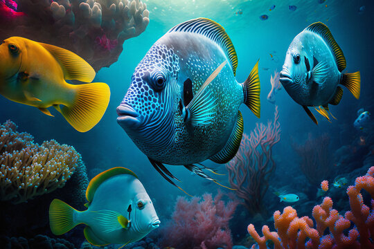 Underwater with tropical fish. Generated AI image
