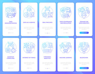 Data science technology trends blue gradient onboarding mobile app screens set. Walkthrough 5 steps graphic instructions with linear concepts. UI, UX, GUI template. Myriad Pro-Bold, Regular fonts used