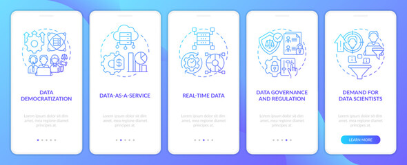 Naklejka premium Data science trends blue gradient onboarding mobile app screen. Development walkthrough 5 steps graphic instructions with linear concepts. UI, UX, GUI template. Myriad Pro-Bold, Regular fonts used