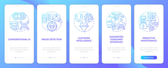 AI and data science solutions blue gradient onboarding mobile app screen. Walkthrough 5 steps graphic instructions with linear concepts. UI, UX, GUI template. Myriad Pro-Bold, Regular fonts used
